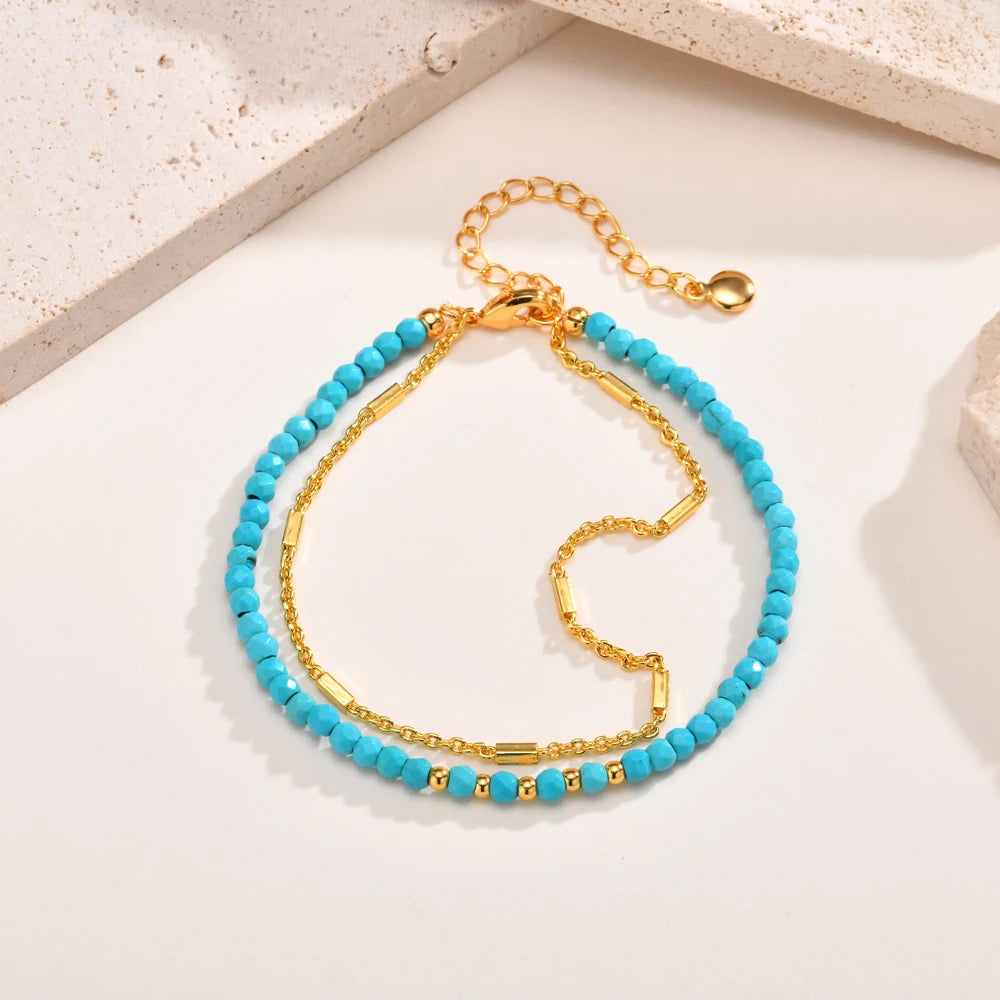 Turquoise Bracelet for Women, Double Chain Round Beaded Bracelet, Tarnish Free Gold Plated Jewelry Gift