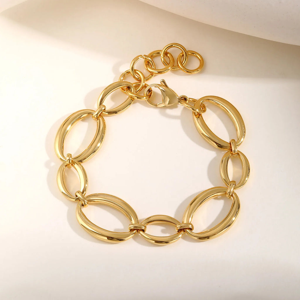 Stainless Steel Oval Fancy Link Chain Bracelets For Women, Chunky Thick Geometric Bangle Hypoallergenic Jewelry
