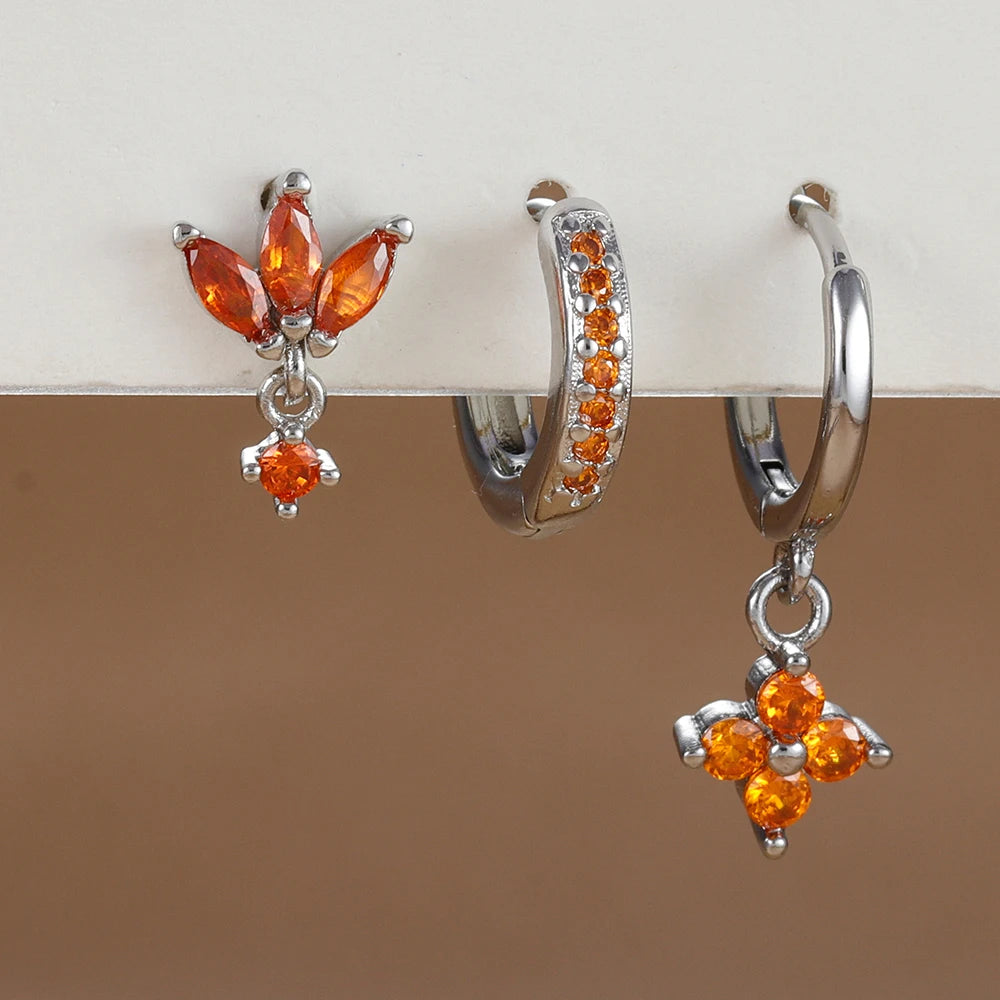 3PCS Fashion Orange Blue Zircon Hanging Earrings Stainless Steel Flower