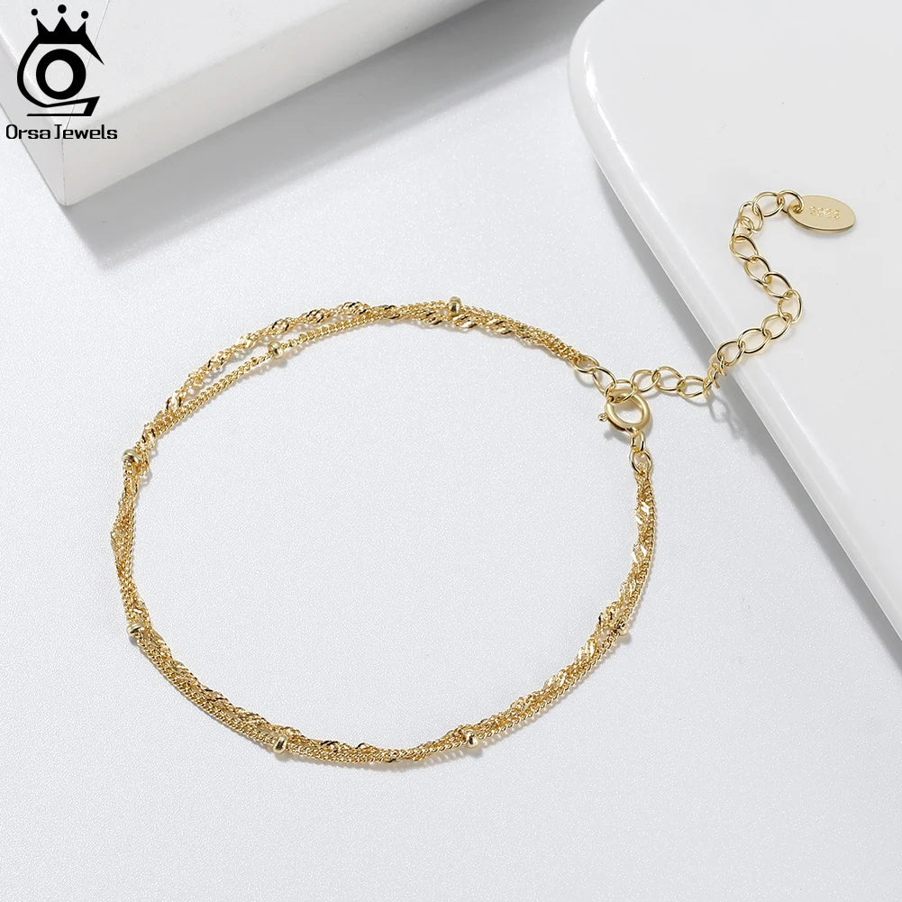 ORSA JEWELS 925 Sterling Silver Women's Bracelet Double Layer Water Ware with Satellite Chain Bracelet Elegance Jewelry SB131