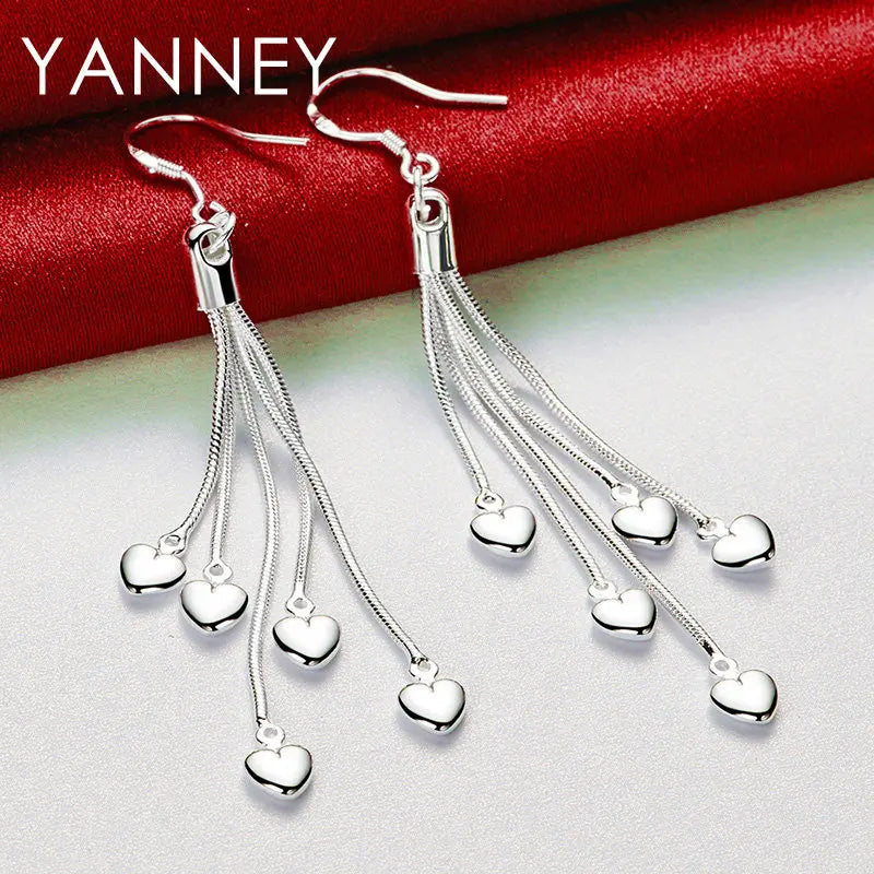925 Sterling Silver 70mm Tassel Heart Earrings Women Fashion Girlfriend Gift