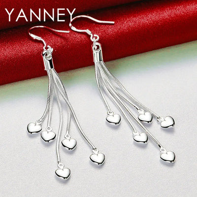 925 Sterling Silver 70mm Tassel Heart Earrings Women Fashion Girlfriend Gift