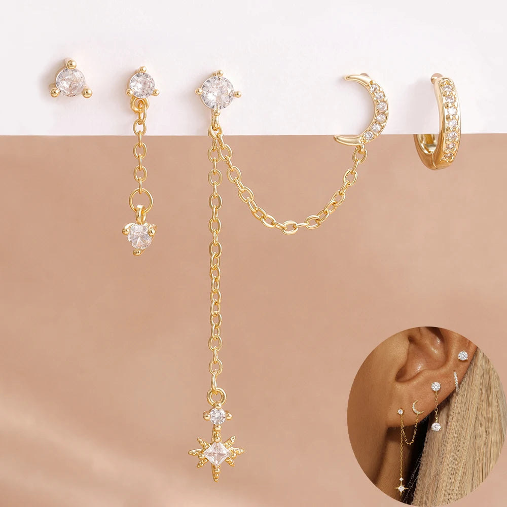 4PCS Women's Earrings Set Stainless Steel Zirconia Moon Star Punk
