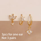 3PCS Stainless Steel Zircon Flower Hoop Earrings Gold Plated Huggies
