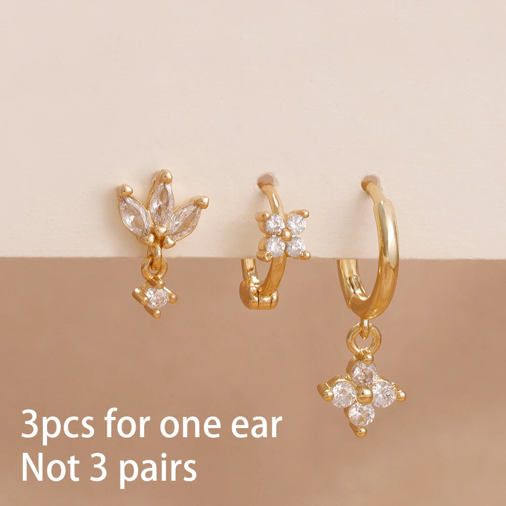 3PCS Stainless Steel Zircon Flower Hoop Earrings Gold Plated Huggies