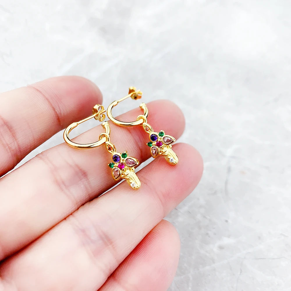 Golden Bug Scarab Beetle Hoop Earrings 925 Sterling Silver Bohemia