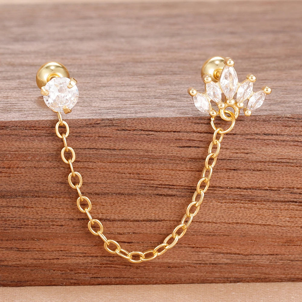 Stainless Steel Gold Colour Chain Dangle Drop Earrings Clip Earring