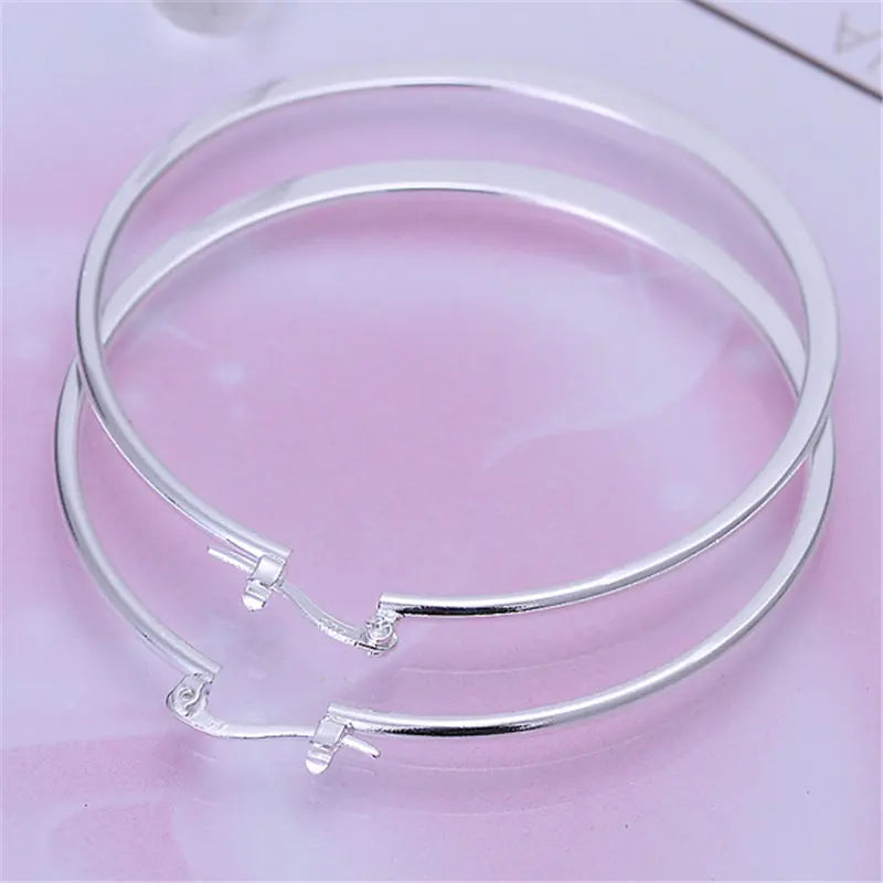 925 Sterling Silver 55mm Flat Circle Hoop Earrings Women Fashion Party Gift