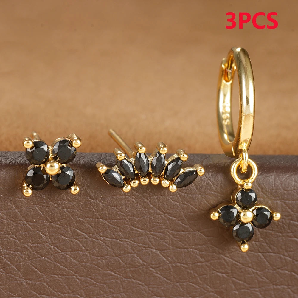 3PCS Zircon Flower Pendant Earring Sets Stainless Steel Cartilage