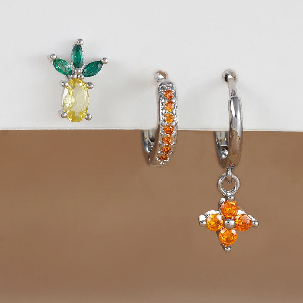 3PCS Stainless Steel Orange Zirconia Flower Pendant Hanging Earrings Set