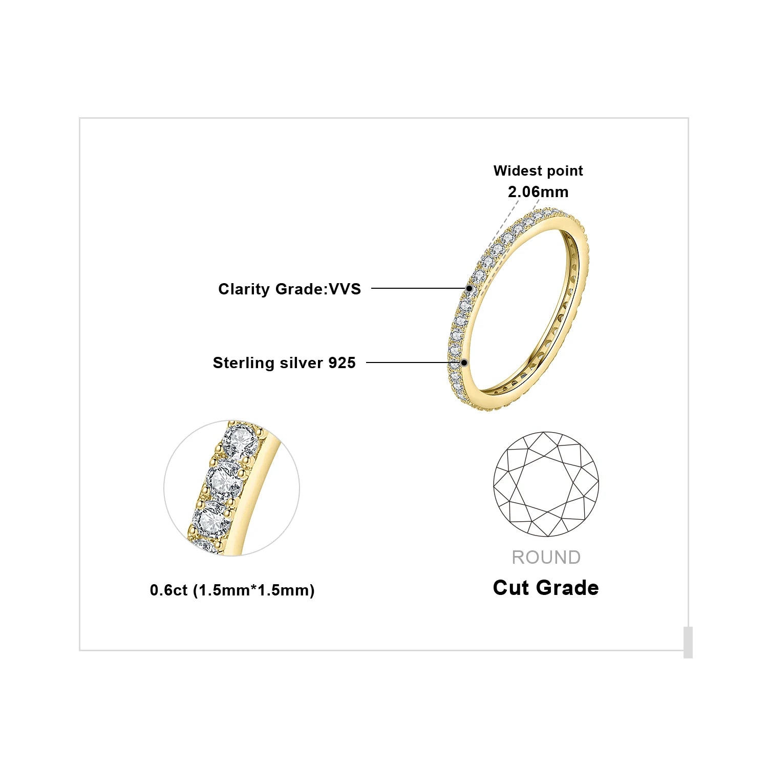 JewelryPalace Moissanite D Color Eternity Total 0.6ct 925 Sterling Silver Wedding Band Ring for Women Yellow Rose Gold Plated