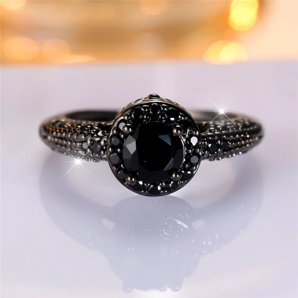 Trendy Cute Female Black Round Zircon Stone Ring Vintage Fashion Black Gold Color Wedding Jewelry For Women