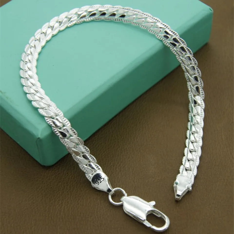 Classic Flat Sideways Chain Bracelet 925 Sterling Silver Men Women Jewellery