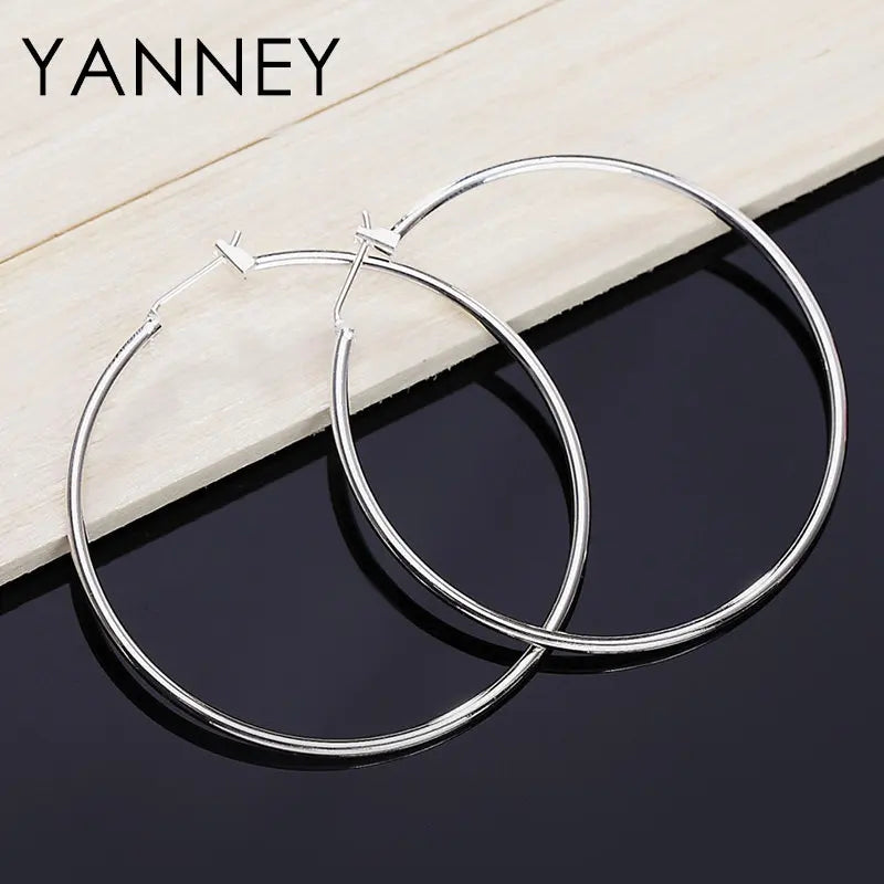 925 Sterling Silver 50mm Simple Circle Earrings Women Engagement Hip Hop Gift
