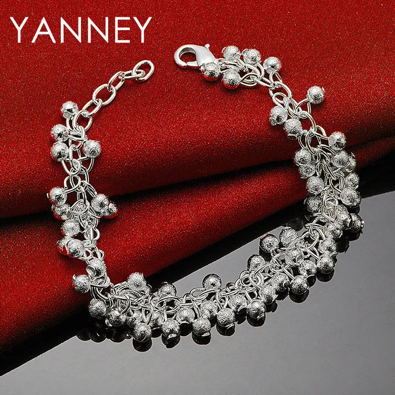 925 Sterling Silver 8-inch Frosted Beaded Bracelet Women Wedding Jewellery
