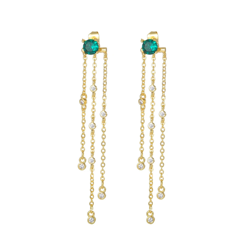 Green Zircon Tassel Chain Stainless Steel Hoop Earrings 18K Gold
