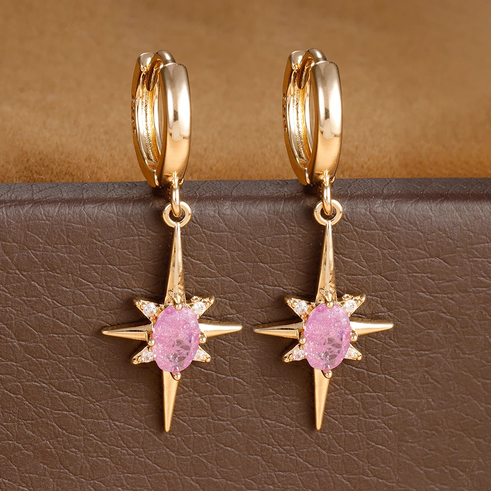 2PCS Simple Stainless Steel Star Hoop Earrings Gold Colour Zirconia