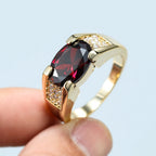 Unisex Female Male Oval Red Stone Rings For Women Men Gold Color Luxury Zircon Wedding Bands Engagement Ring Party Jewelry Gifts