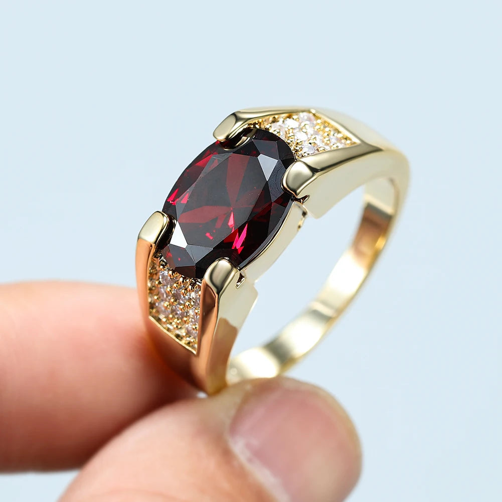 Unisex Female Male Oval Red Stone Rings For Women Men Gold Color Luxury Zircon Wedding Bands Engagement Ring Party Jewelry Gifts