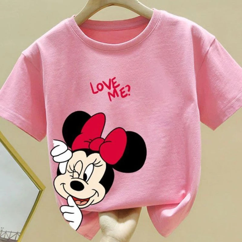 Disney Minnie Mouse Girls O-Neck T-Shirt Fashion Simple Short Sleeve Top