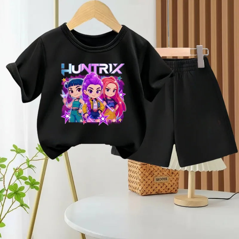 K-pop Girls Summer Casual Outfit Cartoon Print T-Shirt and Shorts Set