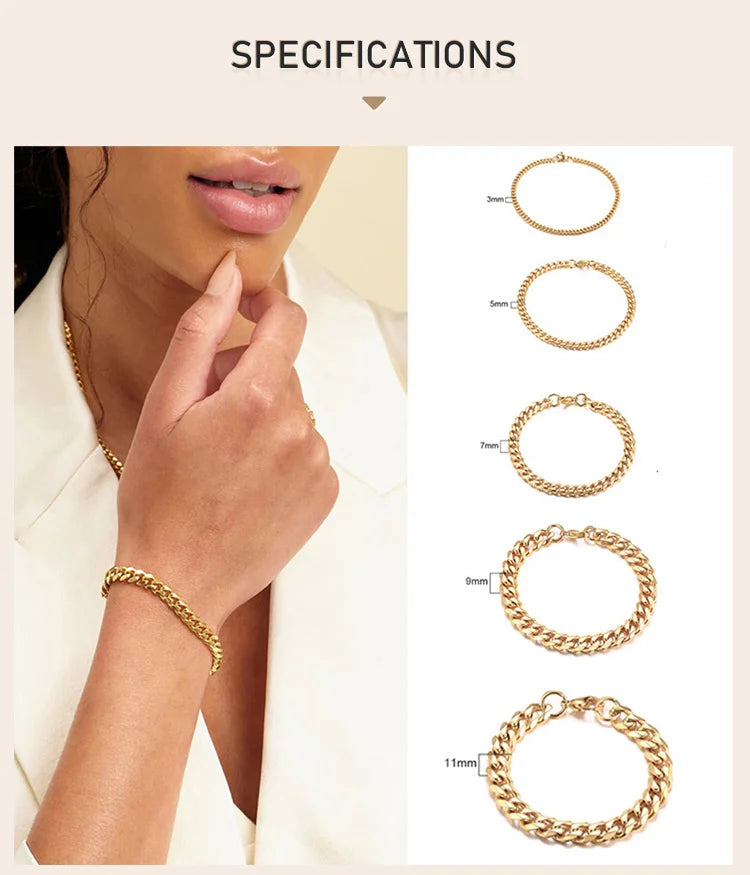 Stainless Steel Chain Bracelet Women, 3mm to 9mm Curb Cuban Chain Bangle Gold Color Unisex Wrist Stackable Jewelry