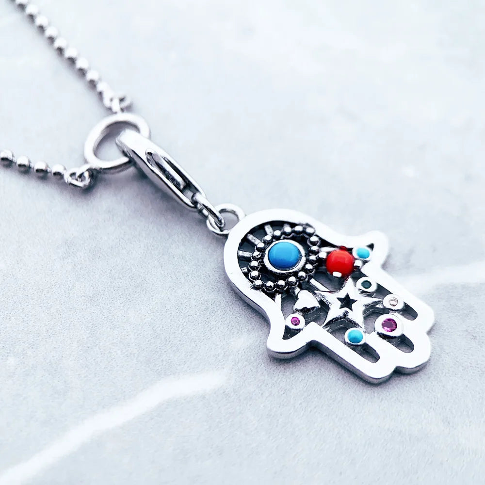 Hand of Fatima Charm Necklace 925 Sterling Silver Bohemia Men Women Gift