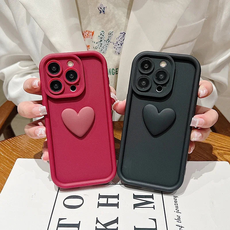 3D Love Heart Pink Matte Case for iPhone 17 16 15 14 13 12 11 Pro Max Plus