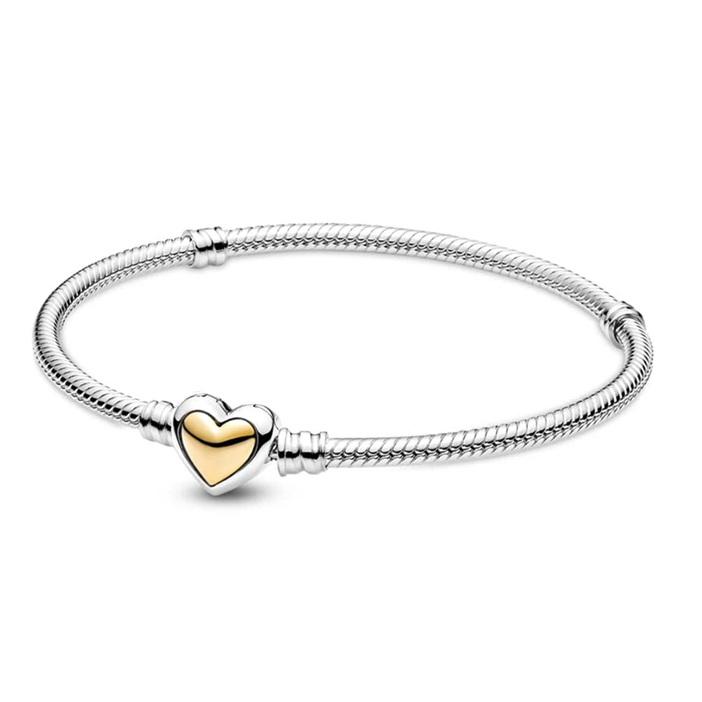 For Women 925 Sterling Silver Moments Heart Closure Bracelet Classic Snake Chain Jewelry Gift Fit Original Charm DIY