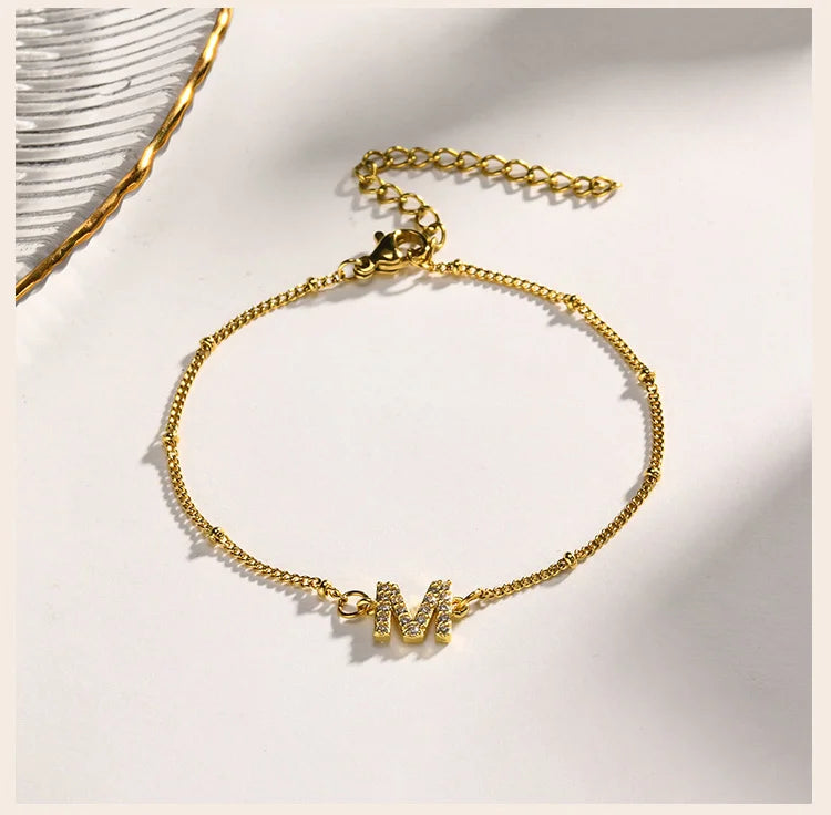 Charms Pave Initial Letter Bracelet, Paperclip Satellite Chain Stainless Steel Gold Plated, Handmade Jewelry for Women