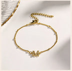Charms Pave Initial Letter Bracelet, Paperclip Satellite Chain Stainless Steel Gold Plated, Handmade Jewelry for Women