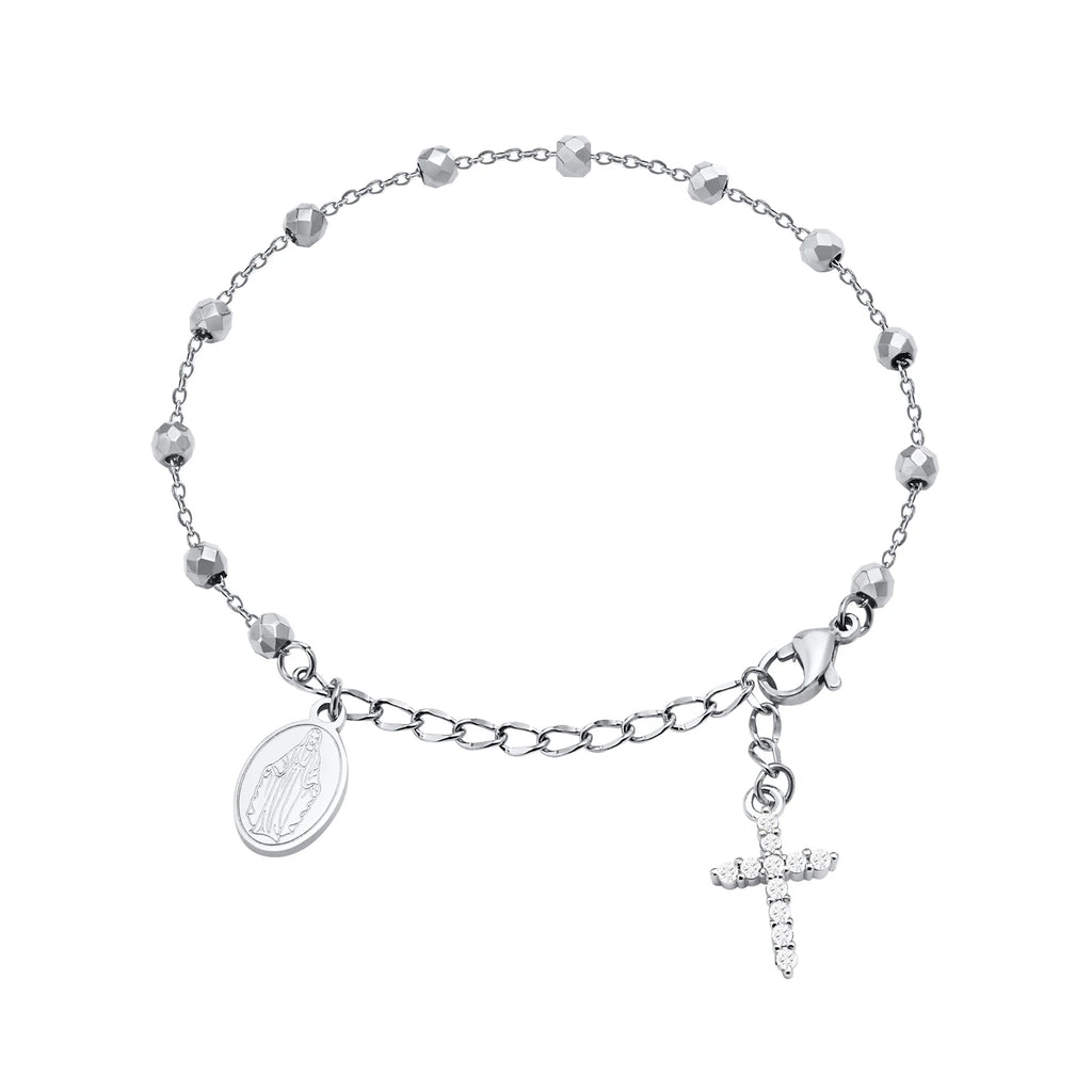 Stainless Steel Virgin Mary St Benedict Cross Bracelet, Bead Chain Bracelet Women Religious Jewelry