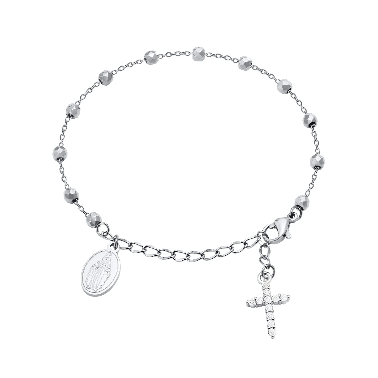 Stainless Steel Virgin Mary St Benedict Cross Bracelet, Bead Chain Bracelet Women Religious Jewelry