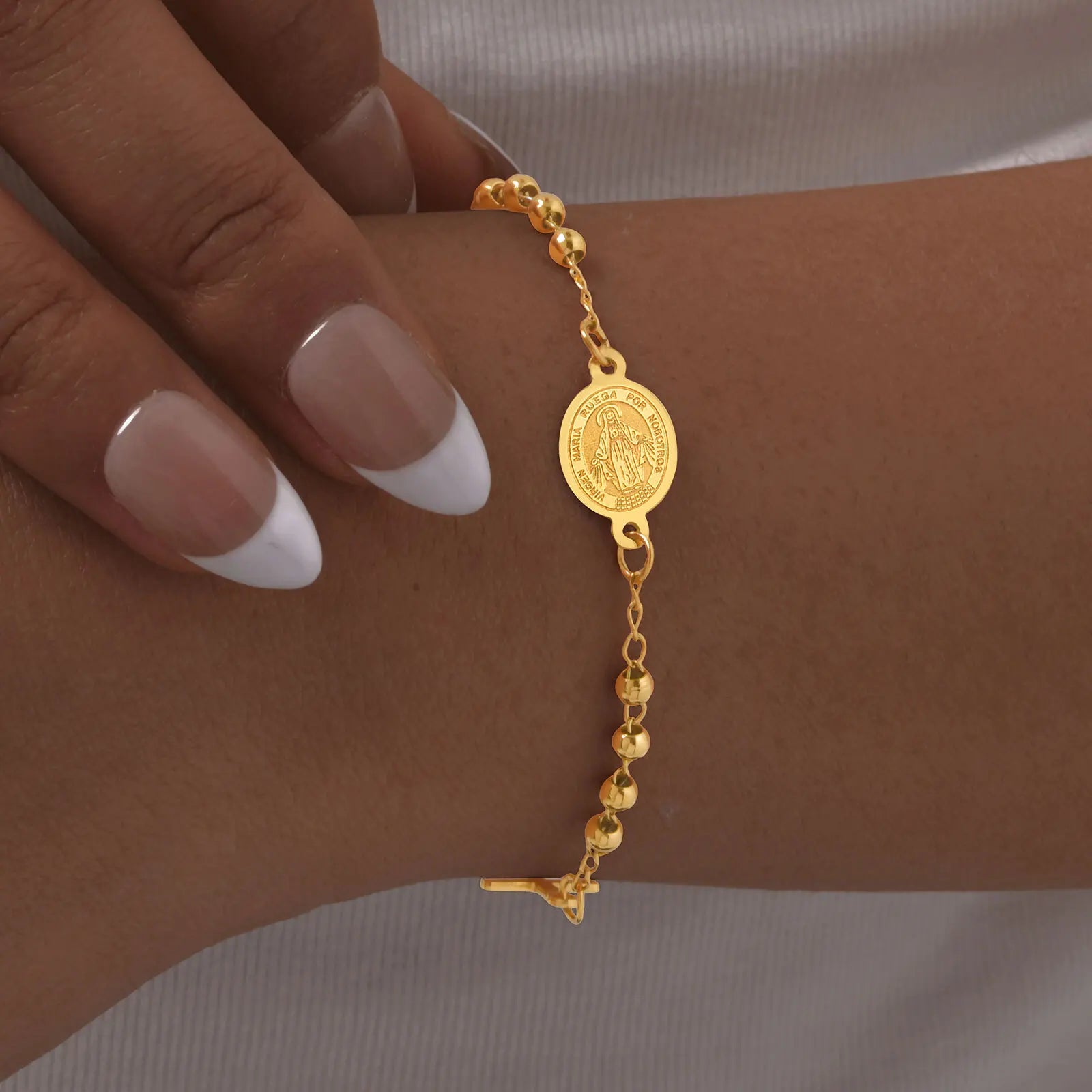 Stainless Steel Virgin Mary St Benedict Cross Bracelet, Bead Chain Bracelet Women Religious Jewelry