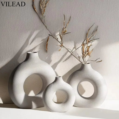 Circular Hollow Ceramic Vase Donuts Nordic Art Pampas Grass Home Decoration Office