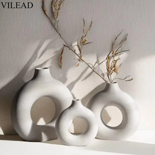 Circular Hollow Ceramic Vase Donuts Nordic Art Pampas Grass Home Decoration Office