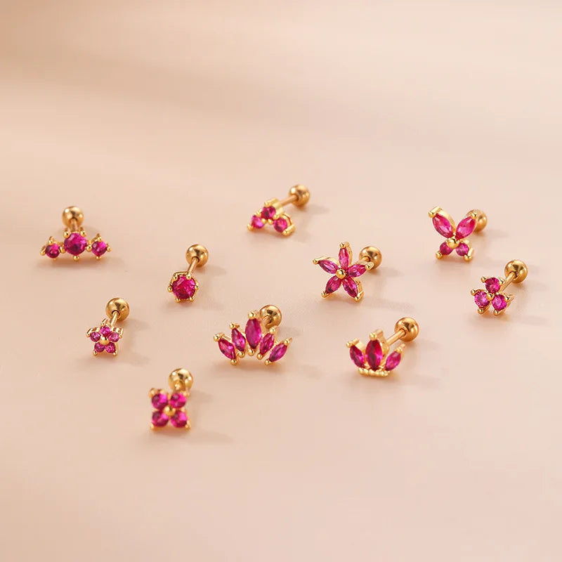 2PCS New Stainless Steel Rose Red Mini Piercing Stud Earrings