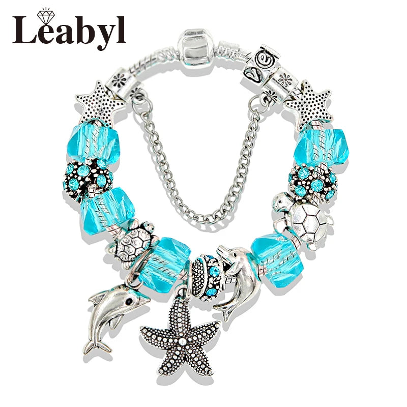 Classic Dolphin Charm Bracelet Blue Murano Crystal Glass DIY Bead Bangle