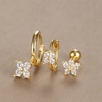 3PCS Vintage Design Four Flower Zircon Hoop Earrings Set Steel