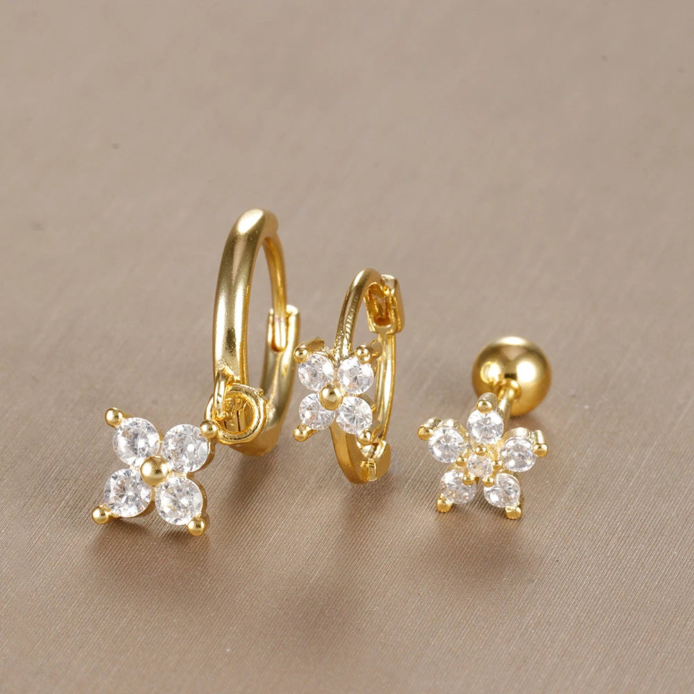 3PCS Vintage Design Four Flower Zircon Hoop Earrings Set Steel