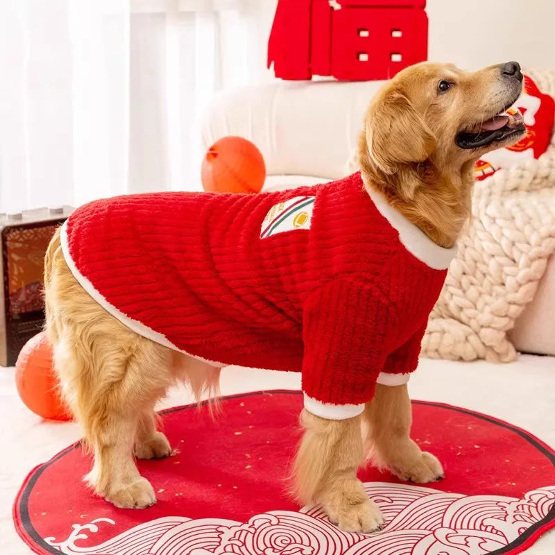 Jolly Red Plush Dog Coat for Large Breeds - Warm & Festive Hoodie for Golden Retriever, Husky, Holiday Celebration