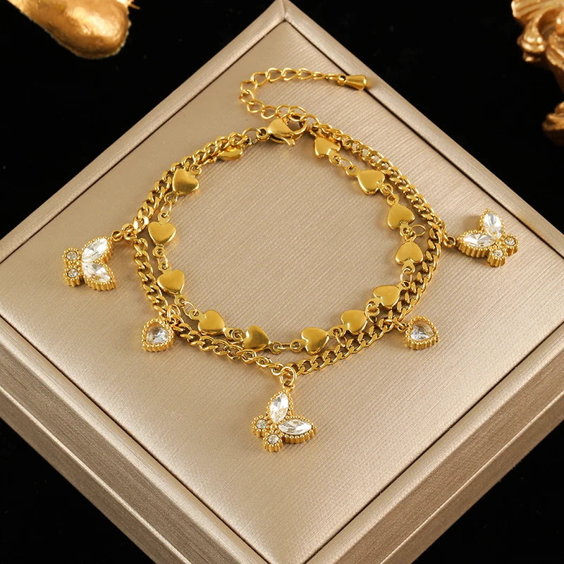 Gold Colour Stainless Steel Bangle 18K Plated Heart Wrist Chain