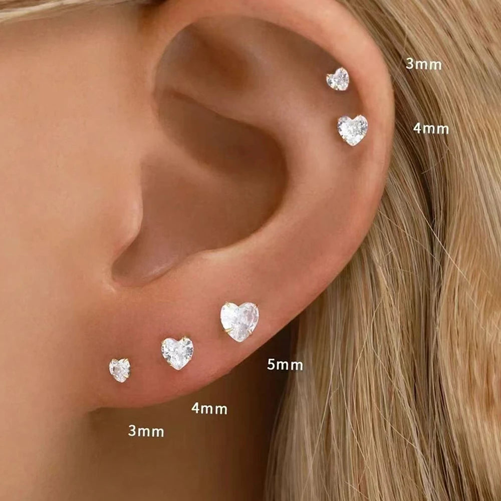 Korean Sweet Stainless Steel Zircon Heart Stud Earrings 3-6mm