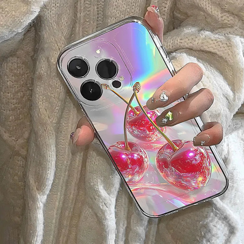 Crystal Cherry Print Case for iPhone 17 16 15 14 13 12 11 Pro Max Plus Air
