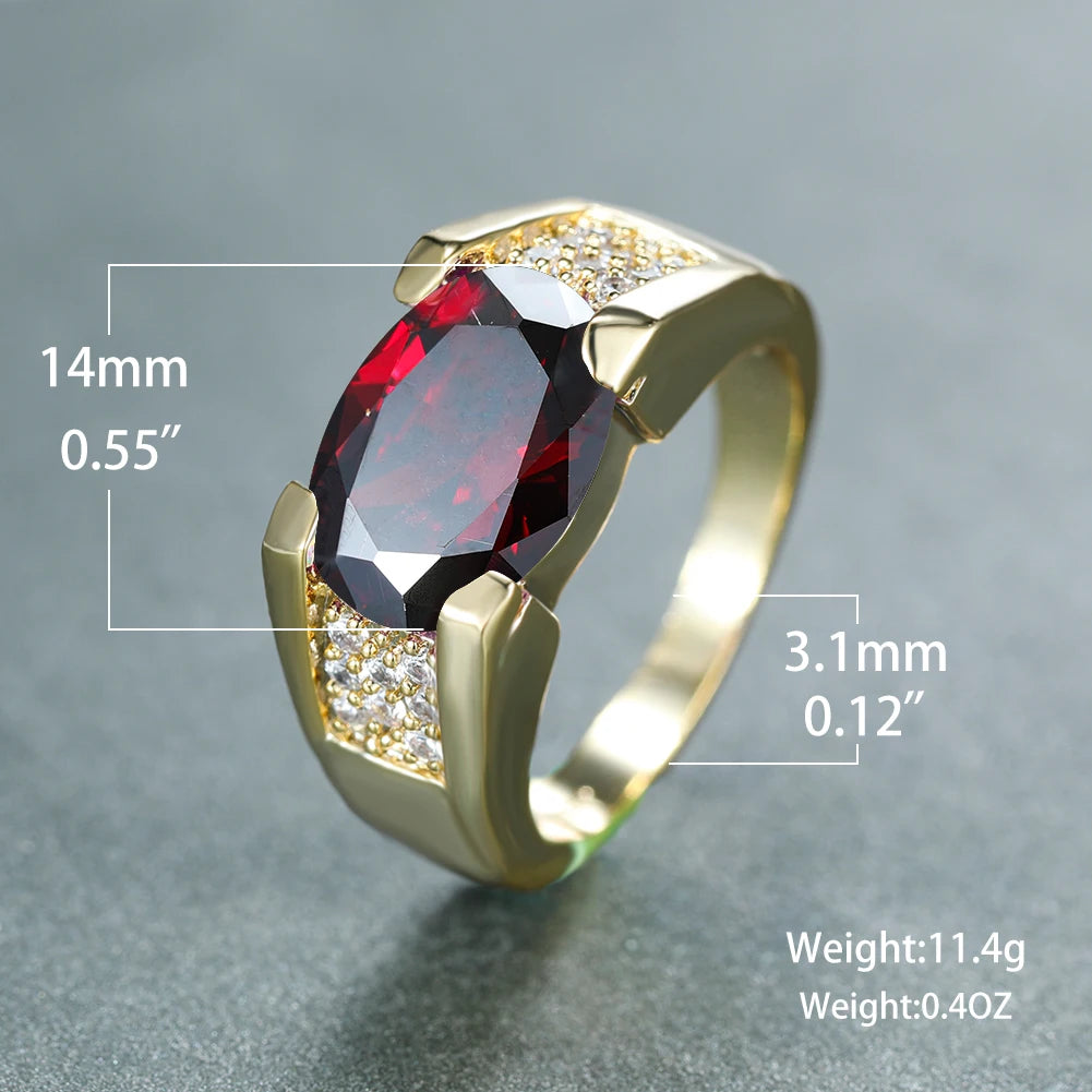 Unisex Female Male Oval Red Stone Rings For Women Men Gold Color Luxury Zircon Wedding Bands Engagement Ring Party Jewelry Gifts