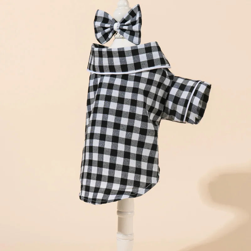 Grid Pattern Cat Dog Pajamas Set Soft Sleepsuit with Flower Headband