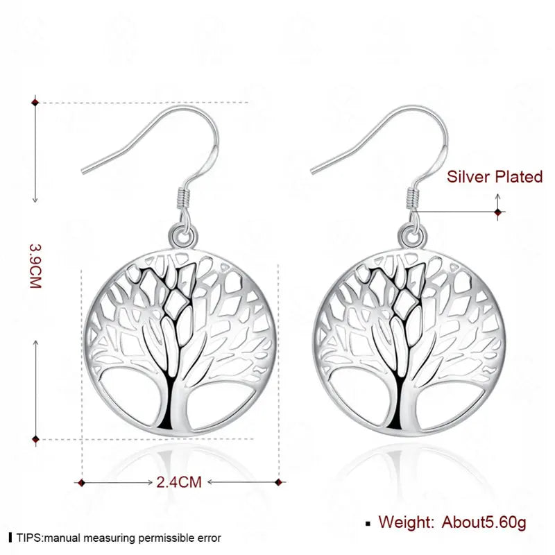 925 Sterling Silver 40mm Round Tree of Life Earrings Women Fashion Wedding
