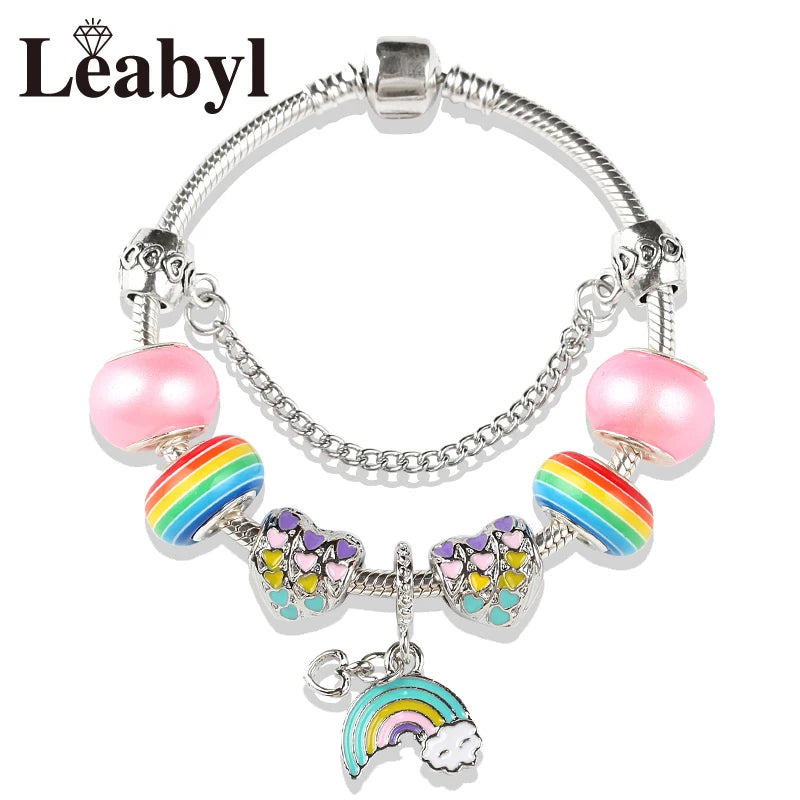 Romantic Pink Heart Charm Bracelet Fine Crystal DIY Bead Bangle Gift