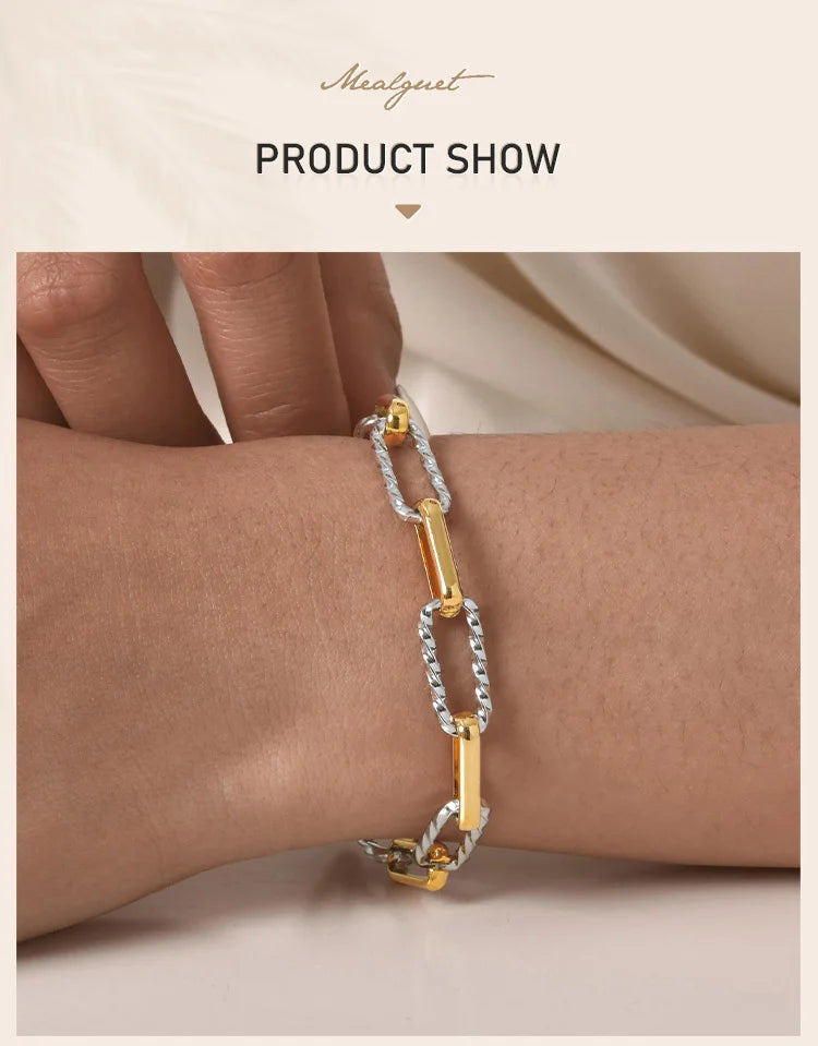 Two Tone Twist Link Paperclip Bracelet for Women, Chunky Stainless Steel Bracelet Adjustable Link, 18k Gold Plated Jewelry