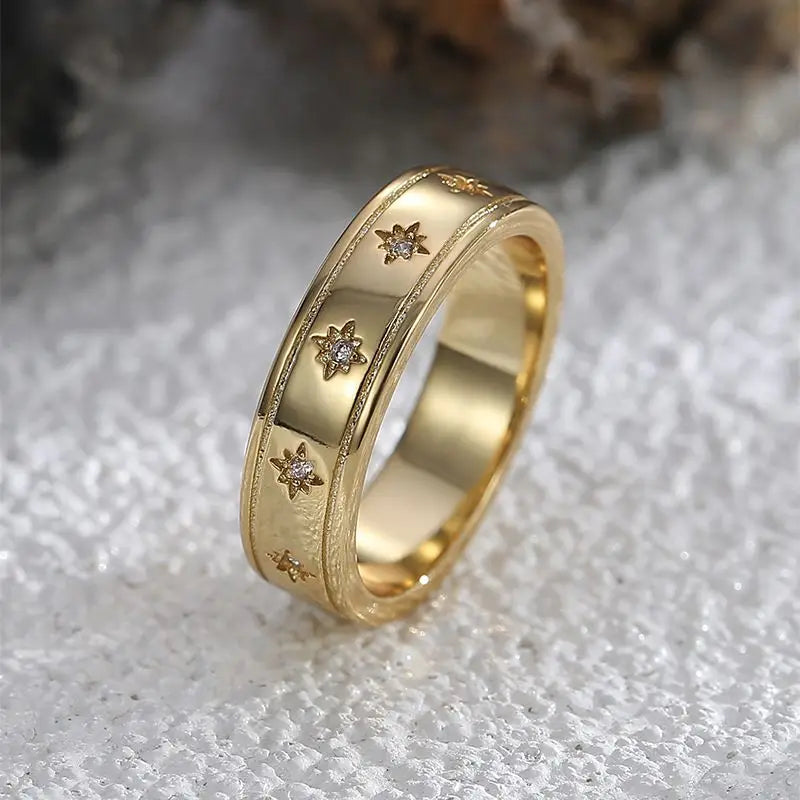 925 Sterling Silver Star Chunky Ring Vintage Trendy Gold Colour Zirconia Punk Accessory